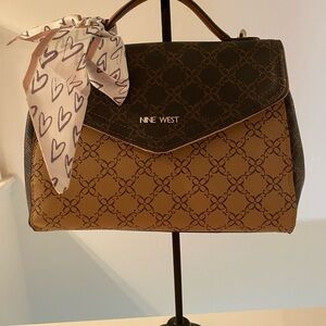 Nine West Black and Tan Satchel with Scarf Accent